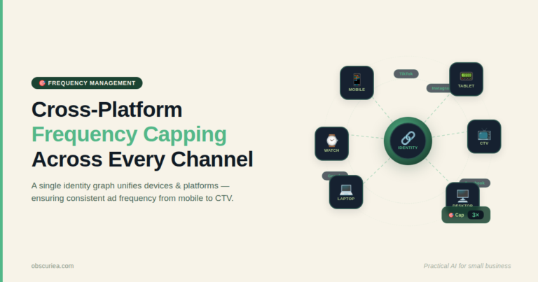 Cross-platform frequency capping diagram showing multiple devices and platforms connected by a central identity graph