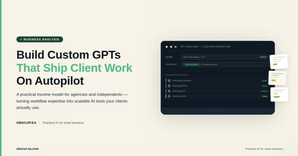Custom GPT builder interface on a laptop screen with client workflow documents beside it