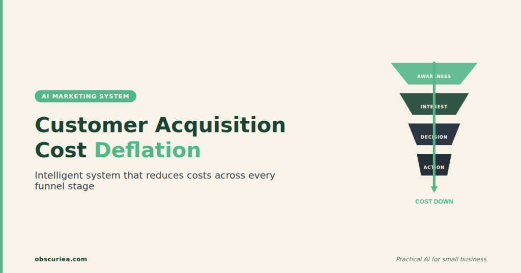 Customer Acquisition Cost deflation arrow through marketing funnel layers – intelligent marketing system concept