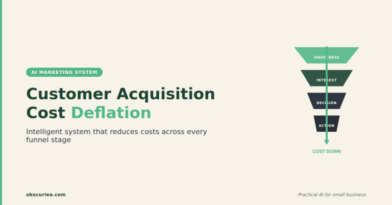 Customer Acquisition Cost deflation arrow through marketing funnel layers – intelligent marketing system concept