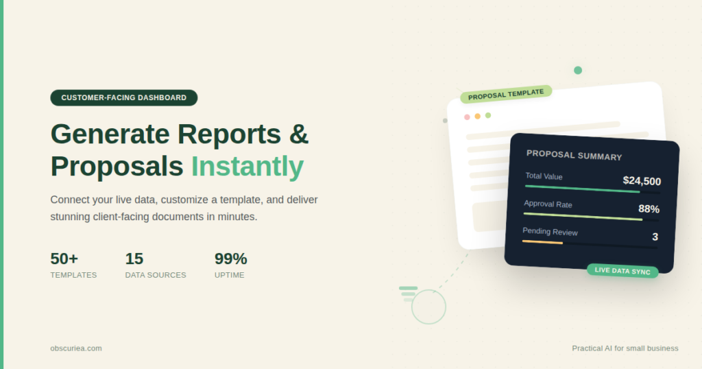 Customer-facing report and proposal generation dashboard with templates and data integration