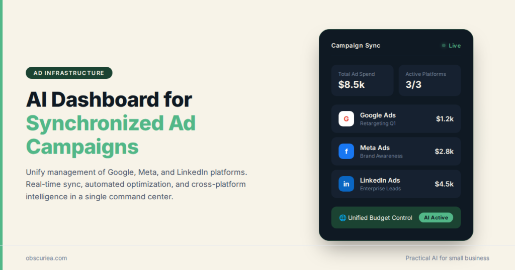 AI dashboard showing synchronized ad campaigns across Google Meta and LinkedIn platforms