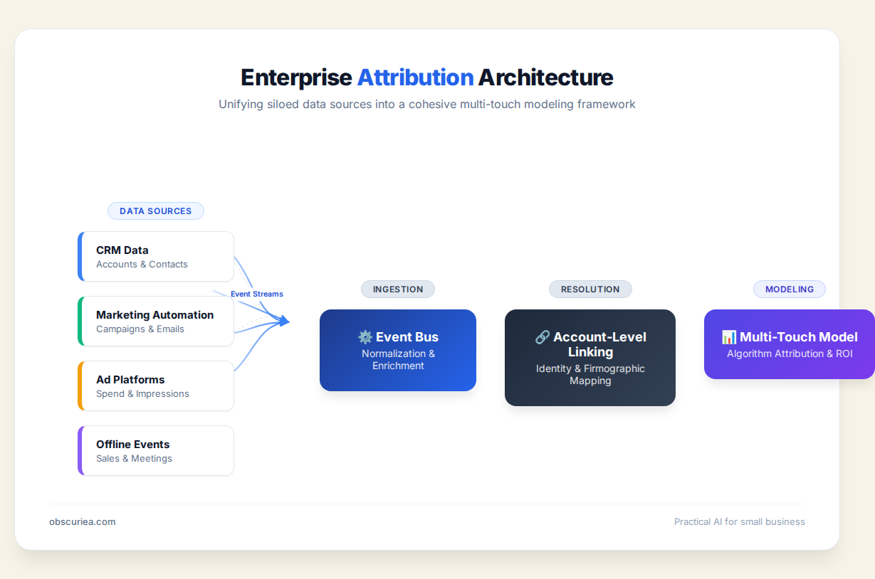 Data flow diagram for enterprise attribution architecture showing inputs from CRM, marketing automation, ad platforms, and offline events merging into an event bus, account linking, and model