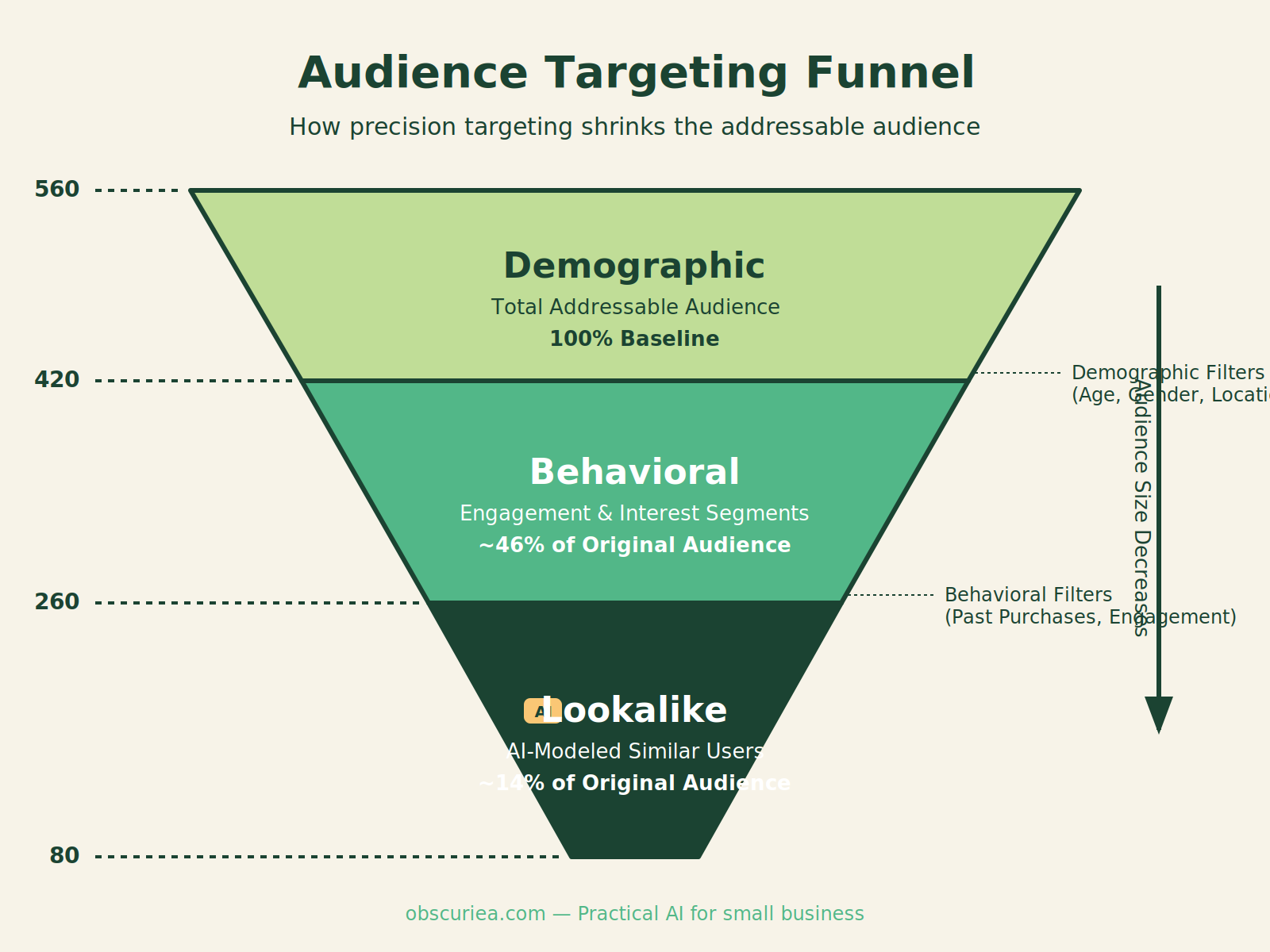 Diagram showing audience size shrinking through layers of demographic, behavioral, and lookalike targeting