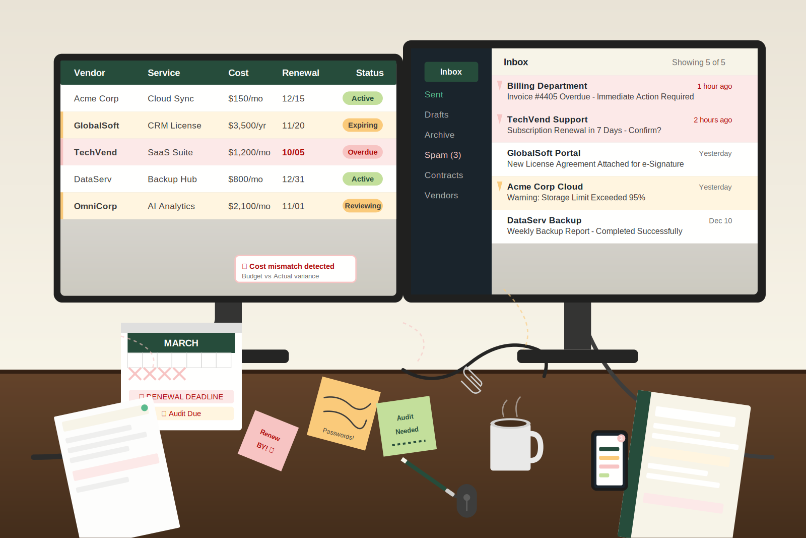 Disorganized setup with spreadsheets and emails representing siloed subscription and vendor management