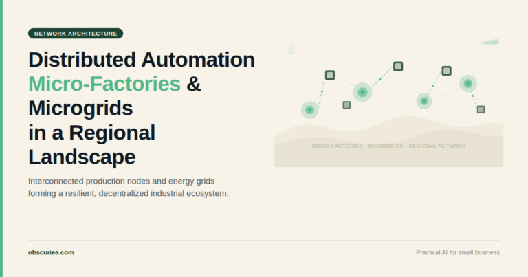 Distributed automation network diagram showing interconnected micro-factories and microgrids in a regional landscape
