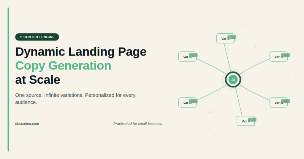 Dynamic landing page copy generation process illustration with multiple page variations and personalization flow