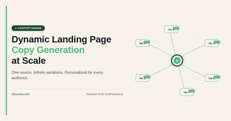 Dynamic landing page copy generation process illustration with multiple page variations and personalization flow