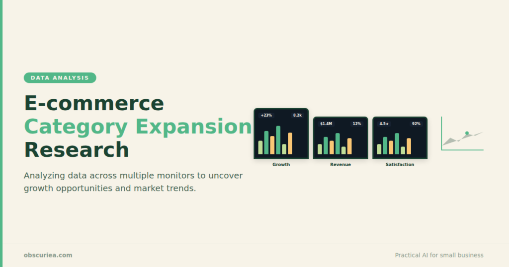 E-commerce seller analyzing category expansion research data on multiple monitors