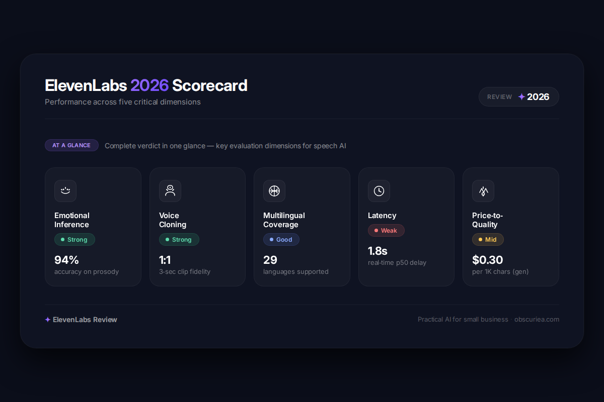 ElevenLabs 2026 review summary infographic showing ratings for emotional inference, voice cloning, multilingual coverage, latency, and pricing