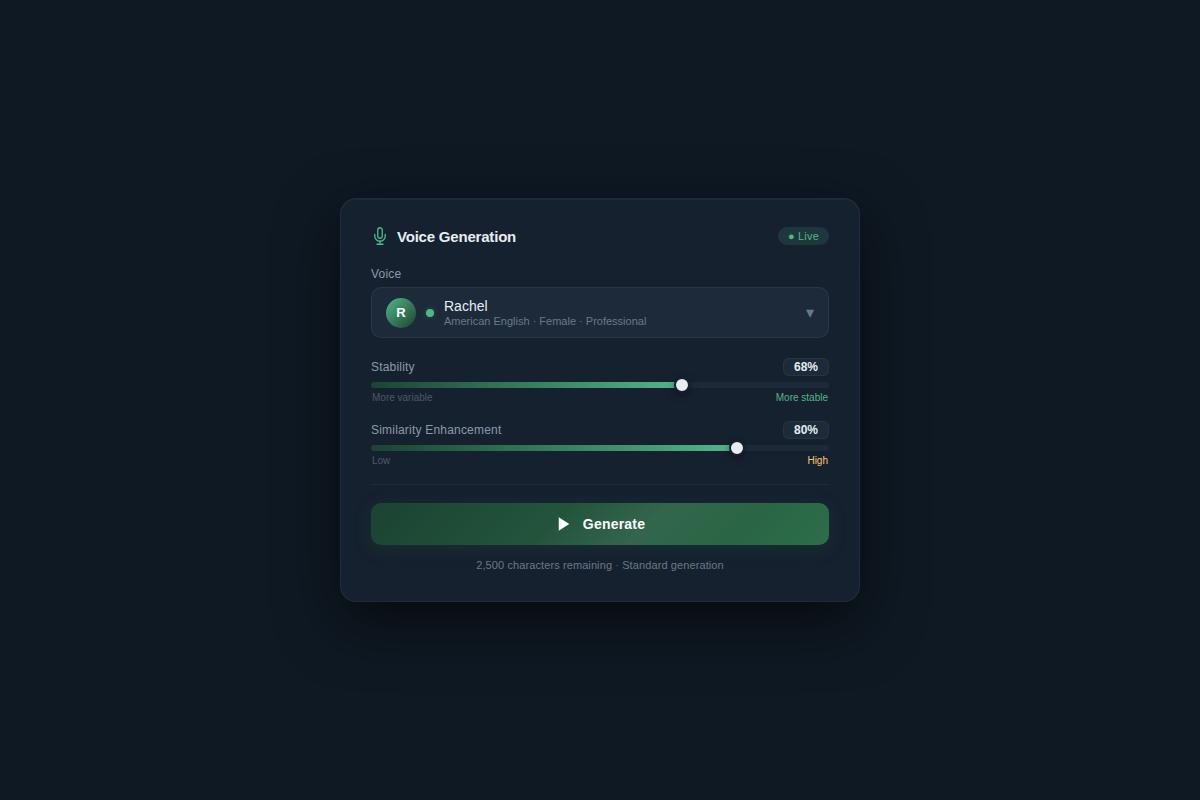ElevenLabs voice cloning interface showing stability and similarity sliders during audio generation