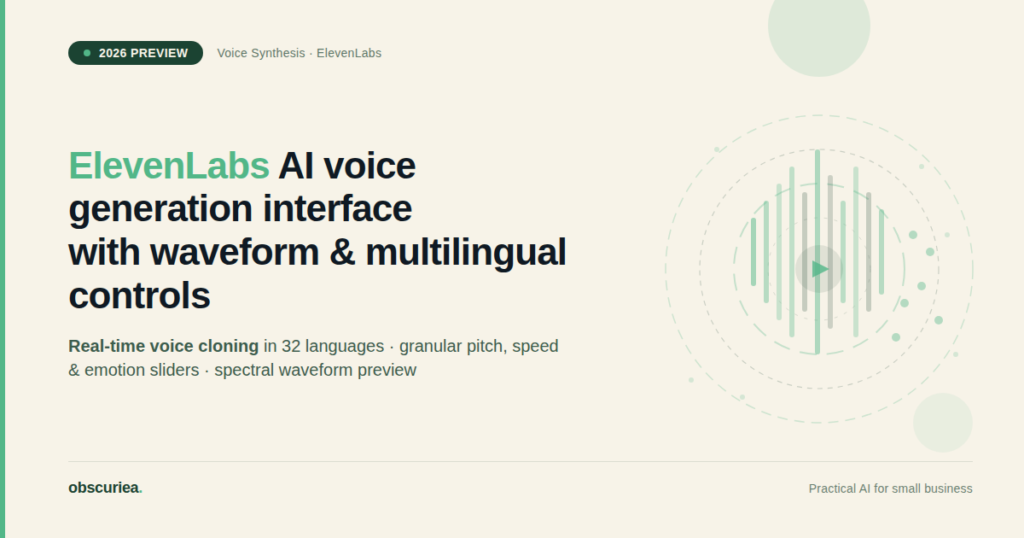 ElevenLabs AI voice generation interface showing waveform and multilingual controls in 2026