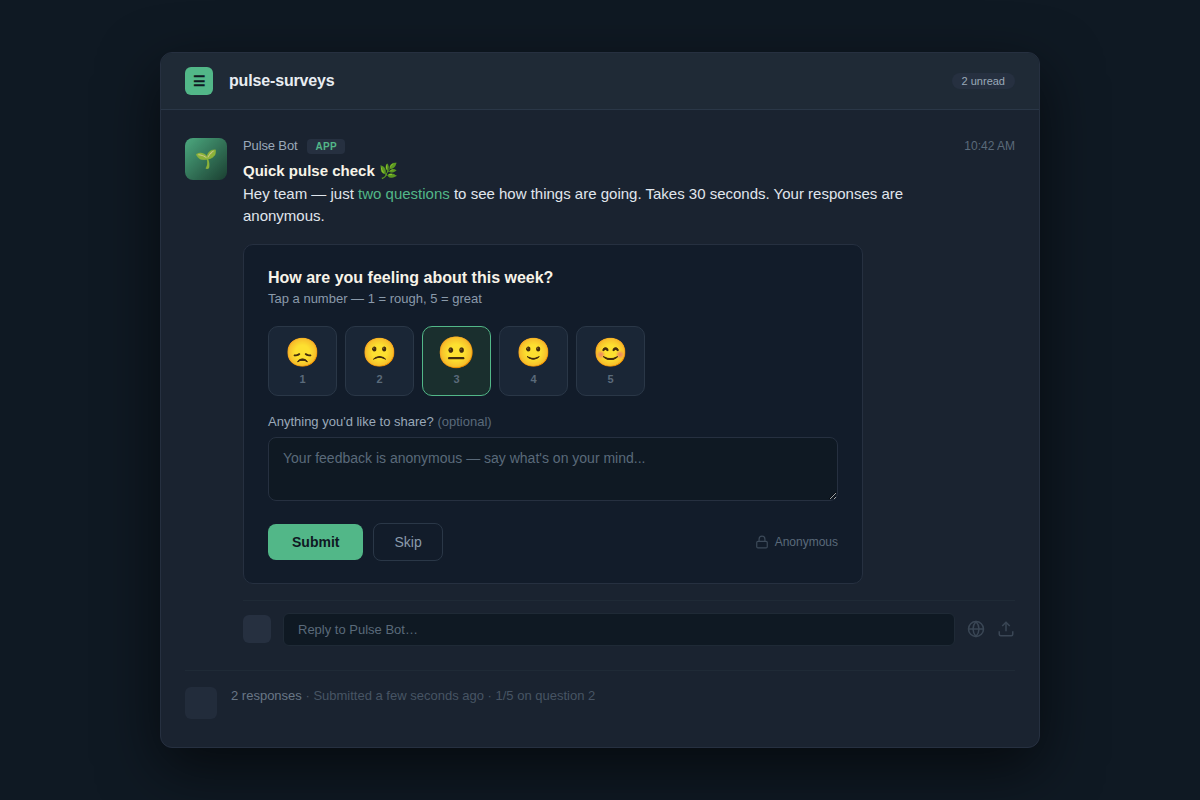 Example of a two-question pulse survey in Slack showing emoji scale and optional comment box