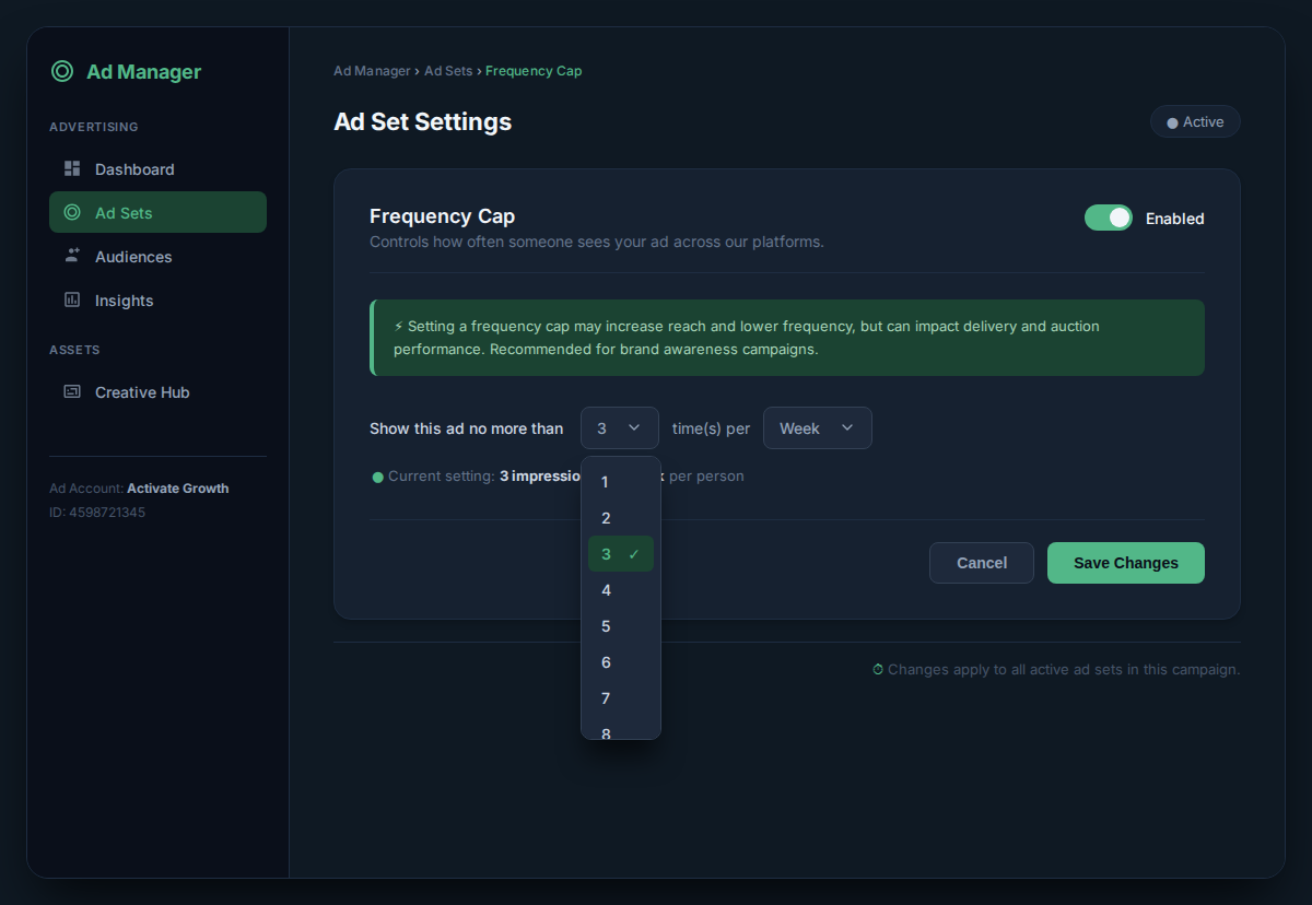 Facebook Ads Manager frequency cap settings set to maximum 3 impressions per week per person.