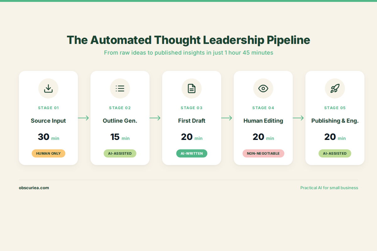 Five stages of automated thought leadership pipeline with time allocations