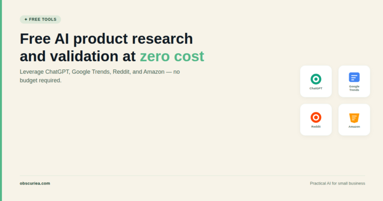 Free AI product research and validation at zero cost – illustration with ChatGPT, Google Trends, Reddit, and Amazon icons