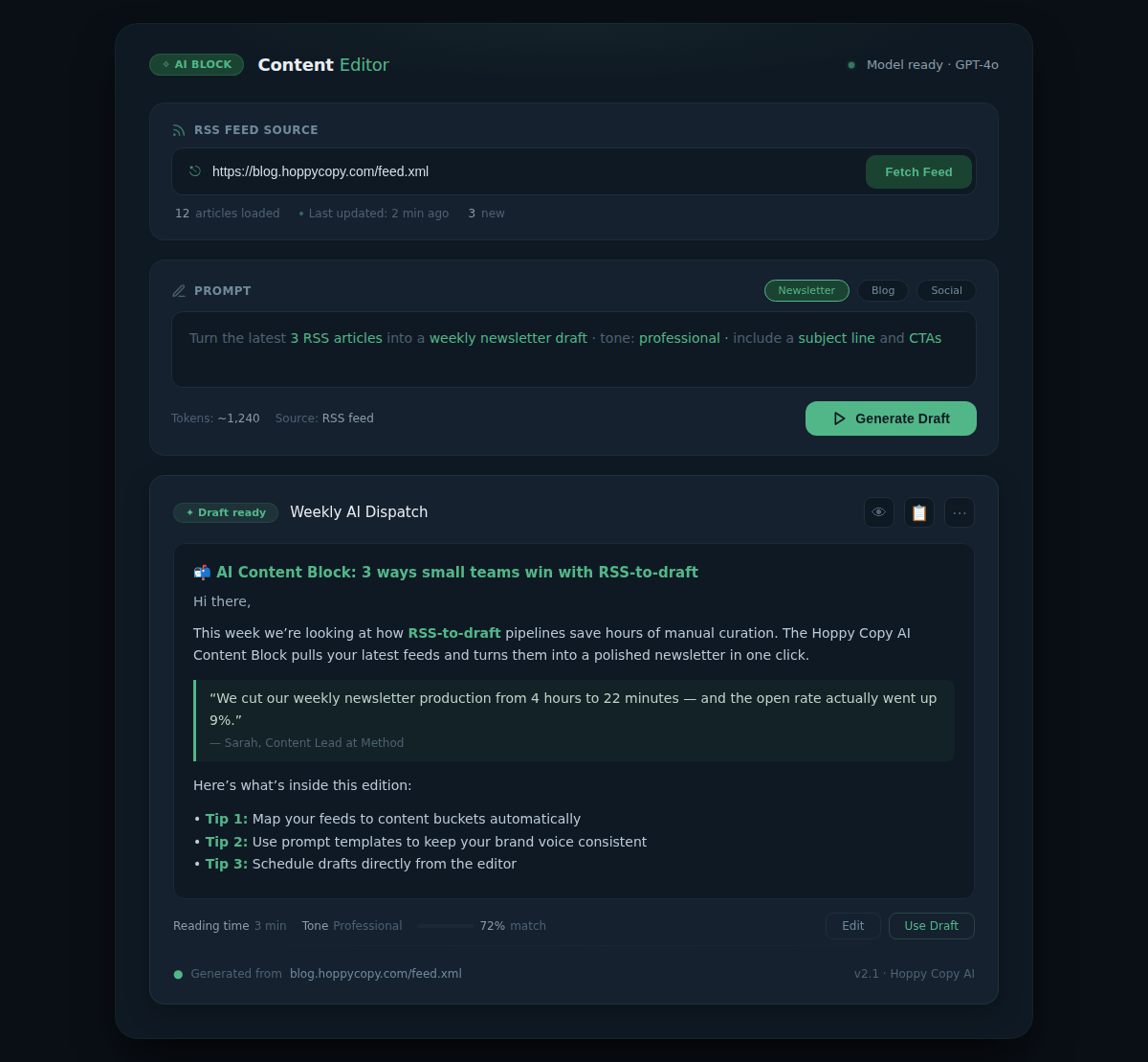 Hoppy Copy AI content block interface showing RSS feed integration and automated newsletter draft generation