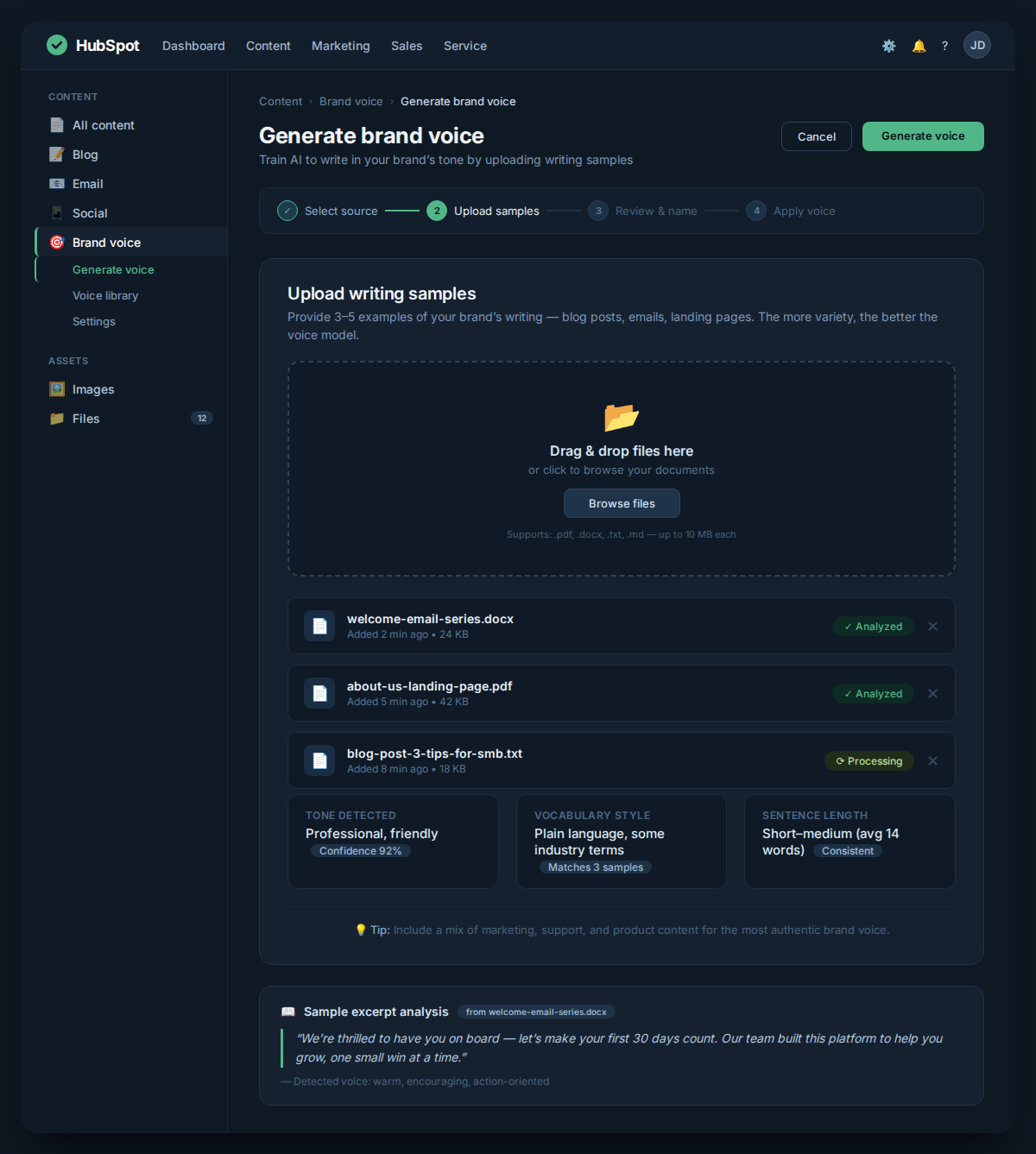 HubSpot brand voice training interface with upload writing sample options