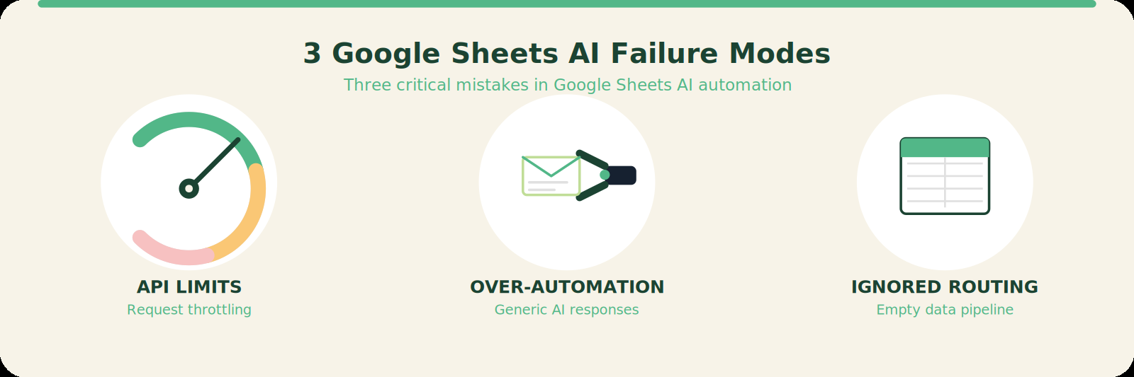 Icons representing three failure modes: API limit speedometer, generic email template robot, empty Google Sheet