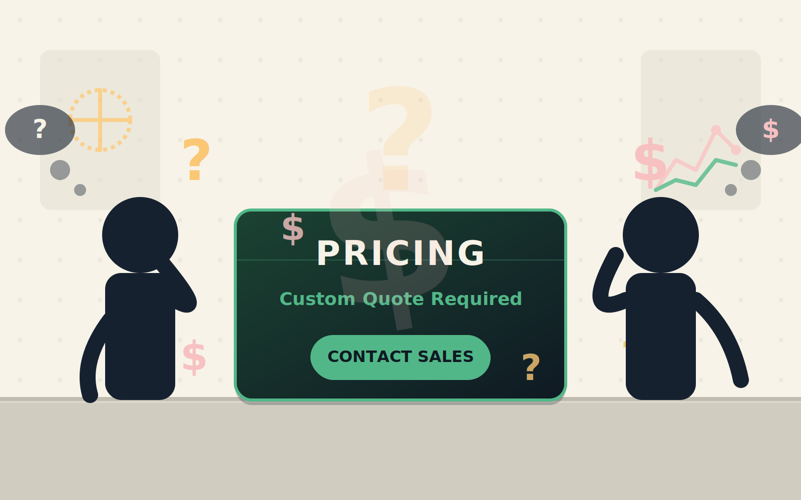 Illustration of custom pricing transparency issue with question marks and dollar signs