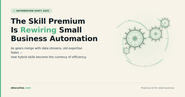 Illustration of gears merging with data streams symbolizing skill premium shift in small business automation