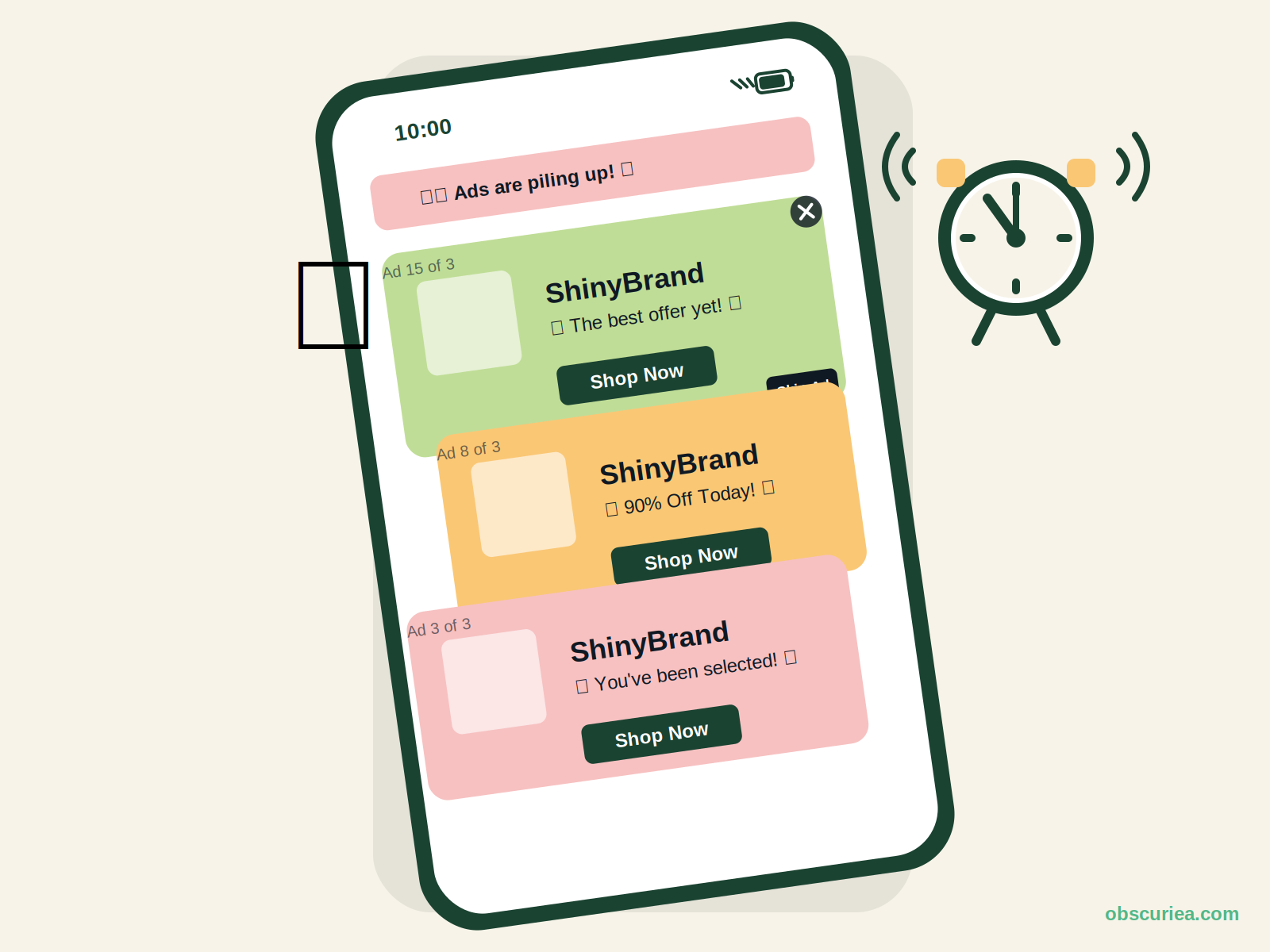 Illustration of a phone overwhelmed by too many ads from the same brand, with a skip ad button