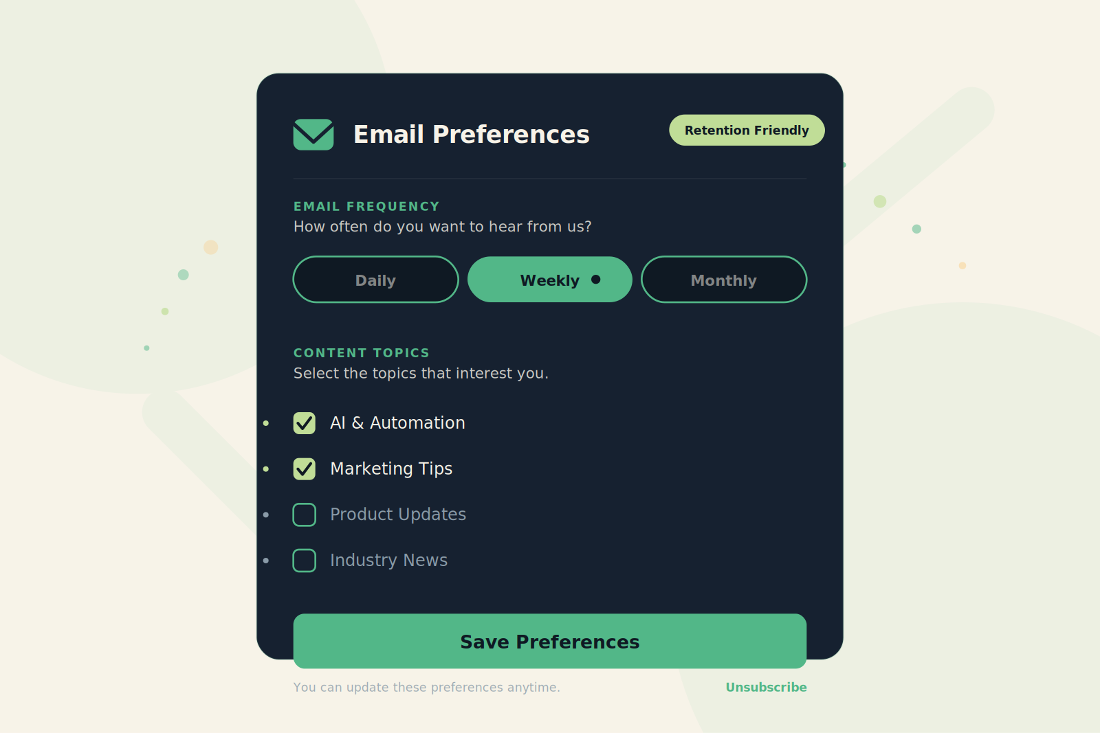 Illustration of preference center interface with frequency and content options