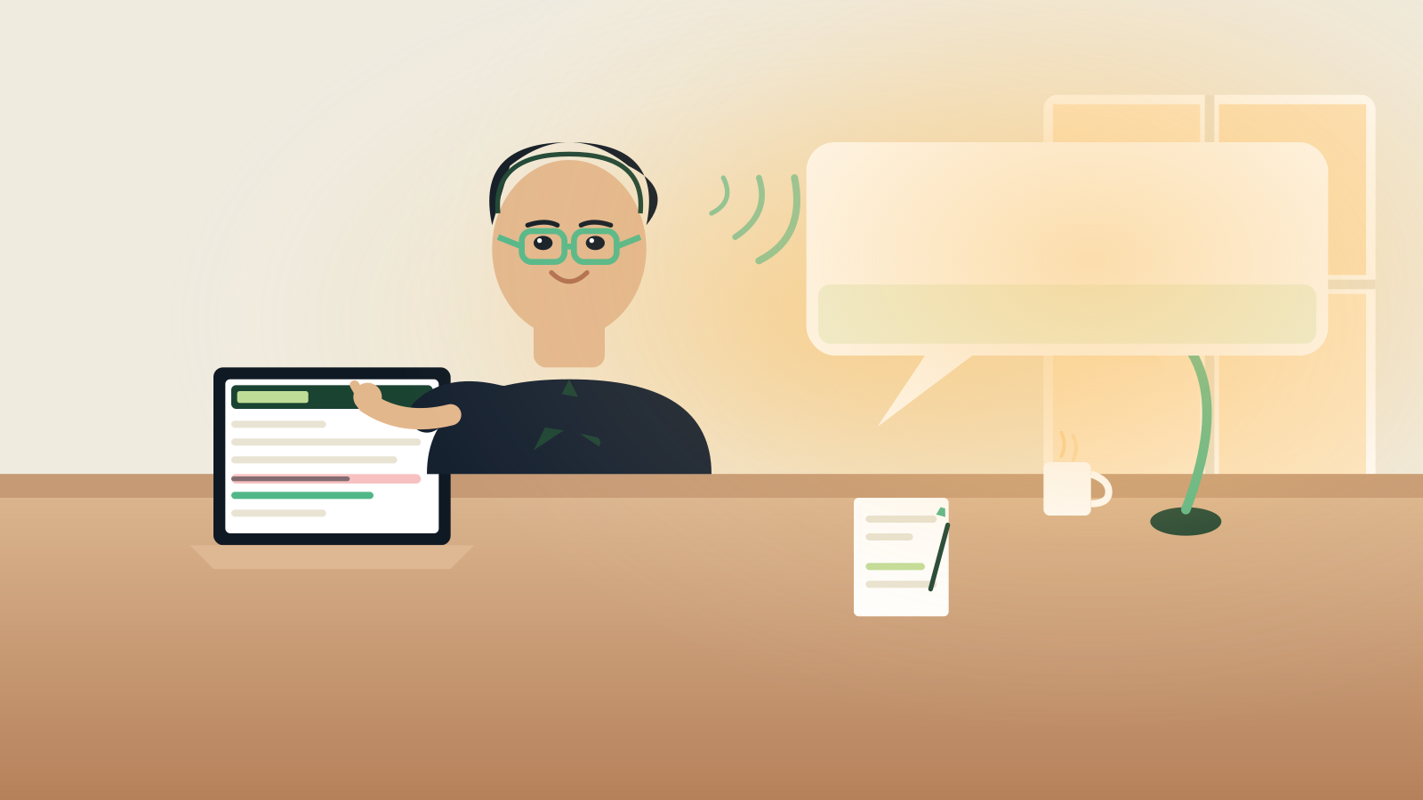 Illustration of a writer reading email copy aloud to catch errors, with speech bubbles showing corrections
