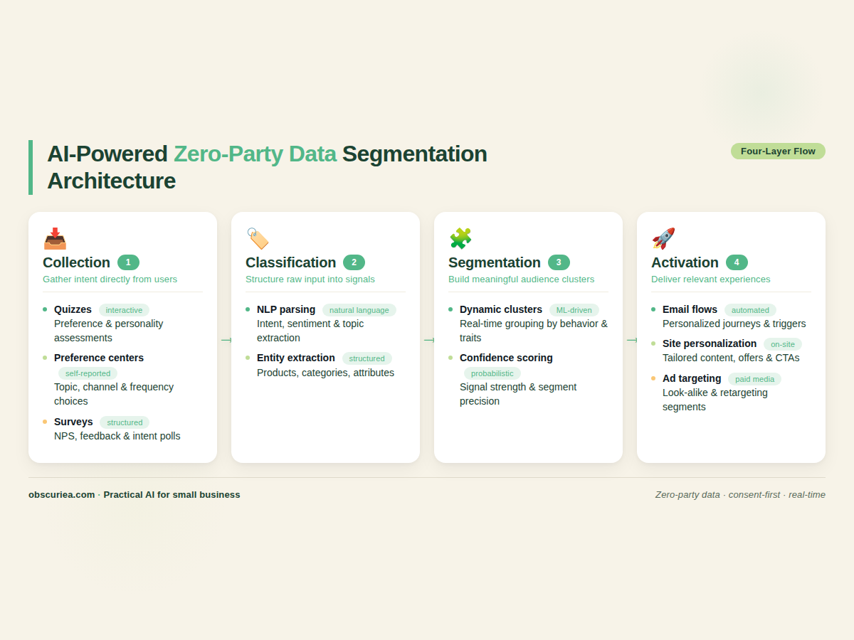 Infographic of AI-powered zero-party data segmentation architecture with four layers: collection, classification, segmentation, and activation