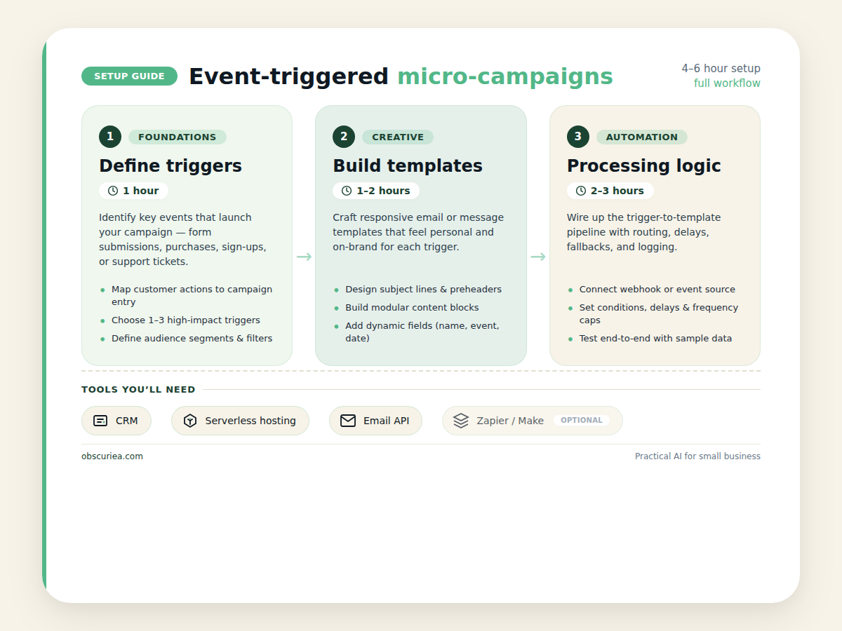 Infographic breakdown of setup phases and required tools for event-triggered micro-campaigns