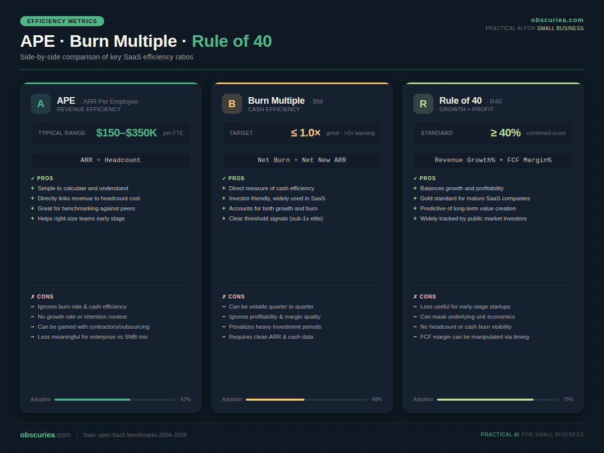 Infographic comparing APE to burn multiple and Rule of 40 metrics