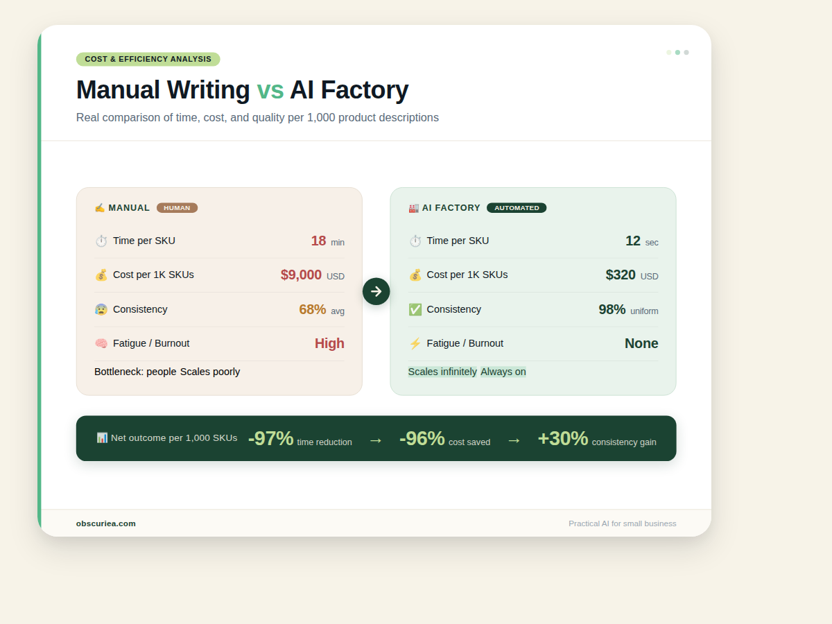 Infographic comparing manual product description writing versus AI factory: time per SKU, cost per 1,000 SKUs, consistency level, and bottleneck type
