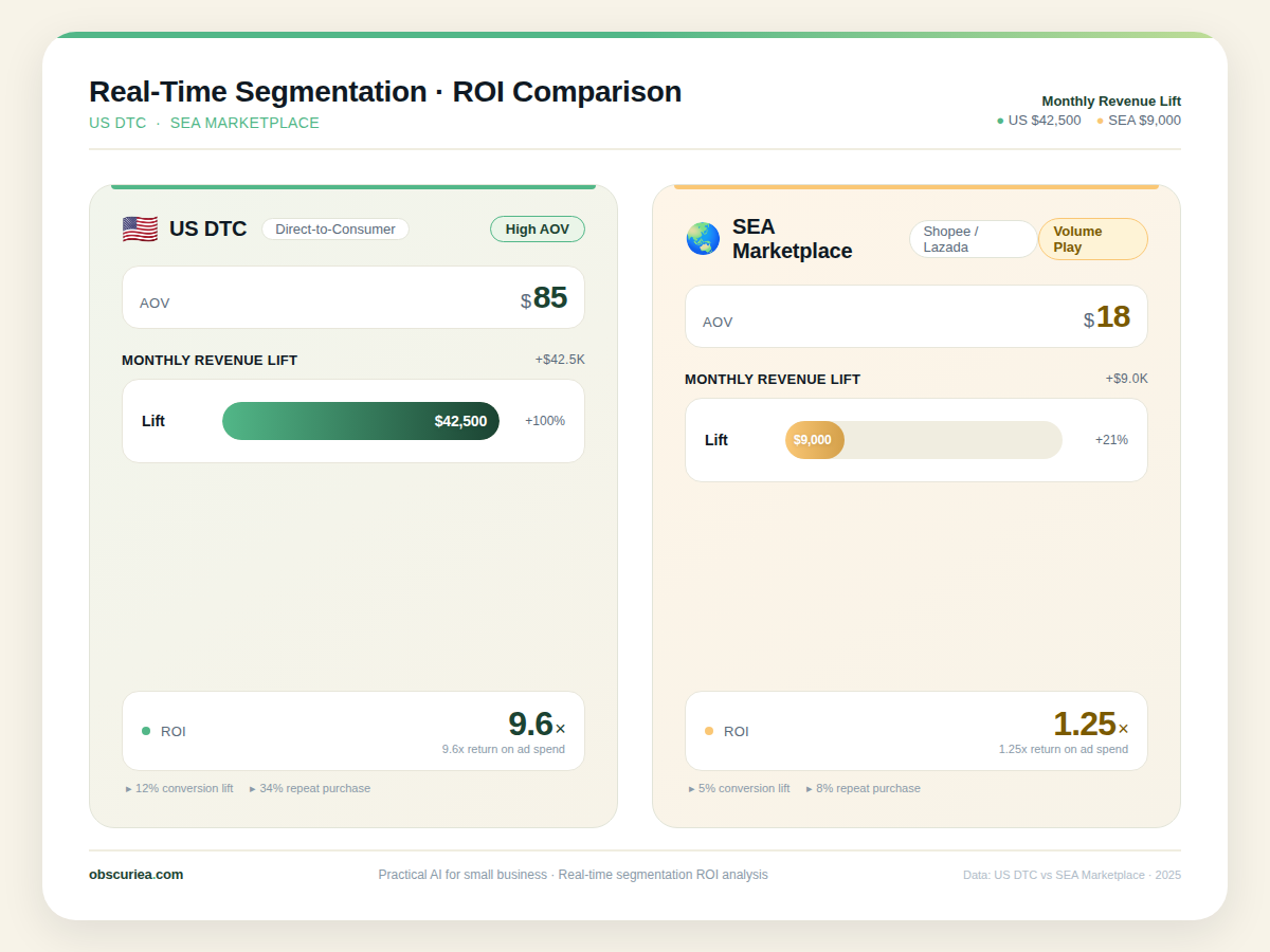 Infographic comparing real-time segmentation ROI for US versus Southeast Asian e-commerce brands