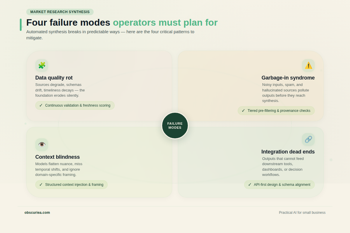 Infographic of four failure modes in automated market research synthesis: data quality rot, garbage-in syndrome, context blindness, integration dead ends