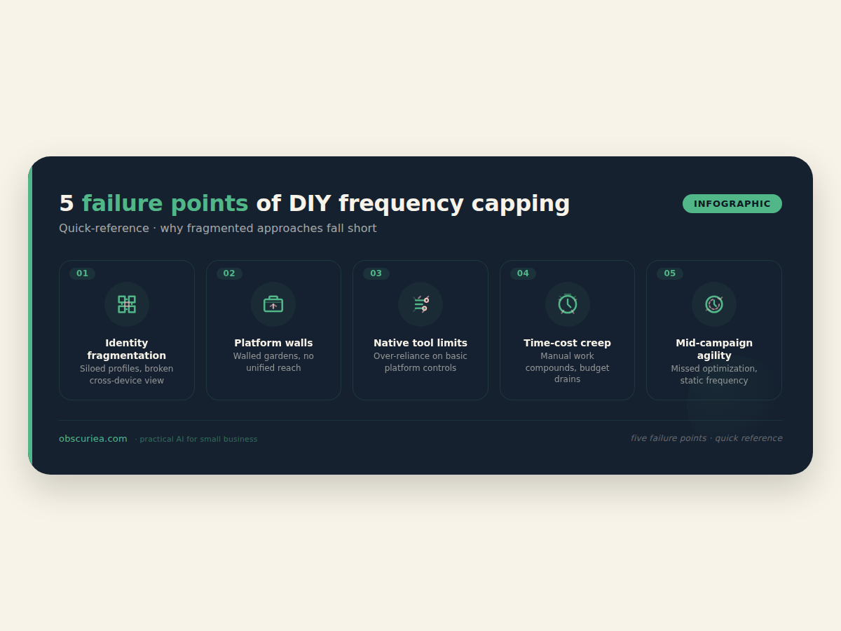 Infographic showing five failure points of DIY frequency capping: identity fragmentation, platform walls, native tool limitations, time-cost creep, and missed mid-campaign agility