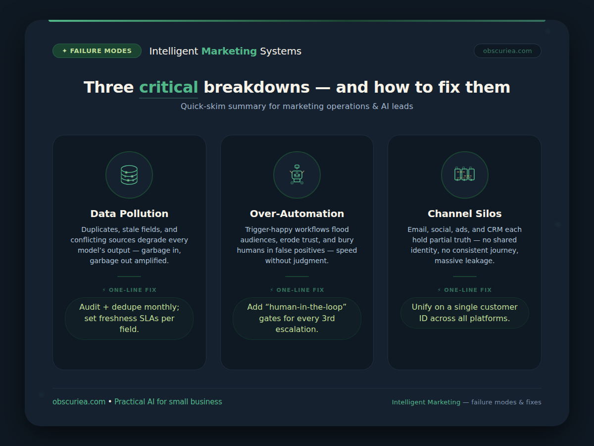 Infographic showing the three main failure modes of intelligent marketing systems and how to fix them