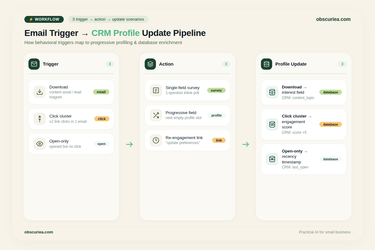 Infographic showing three email trigger scenarios that result in CRM profile updates