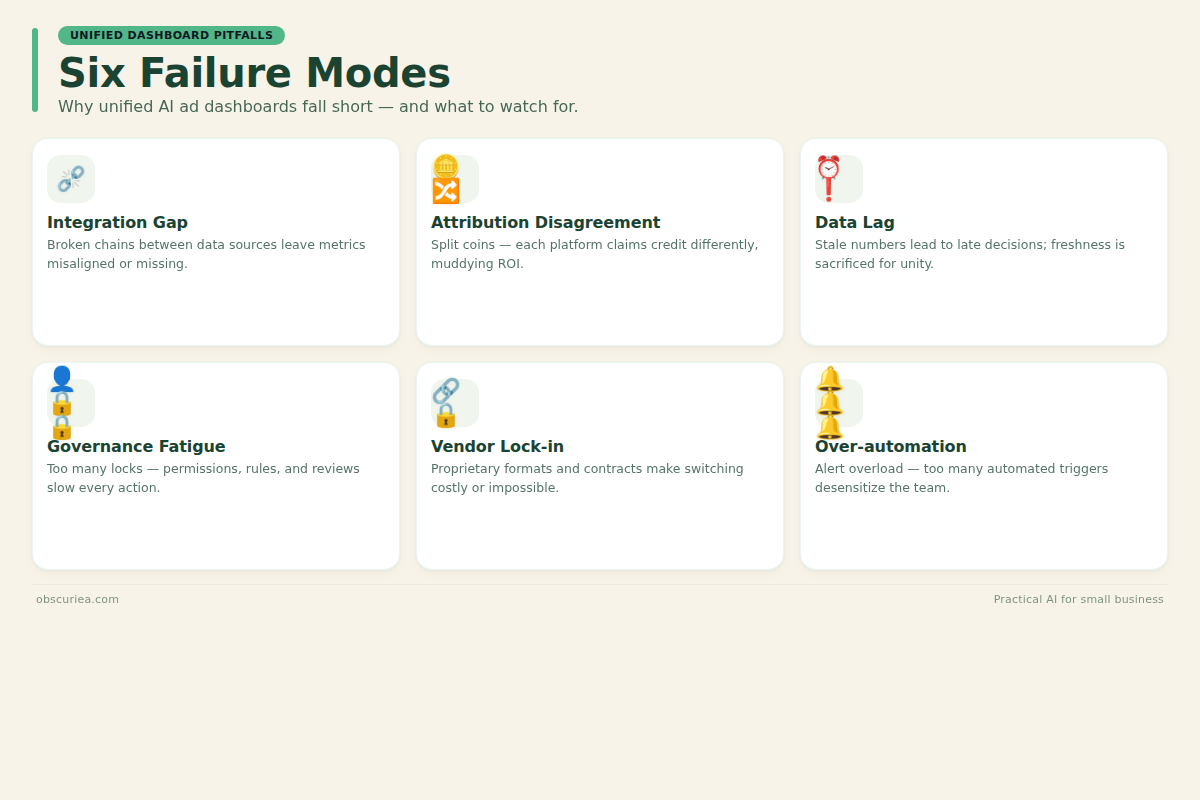 Infographic of six failure modes for unified AI ad dashboards: integration gaps, attribution disagreement, data lag, governance fatigue, vendor lock-in, over-automation