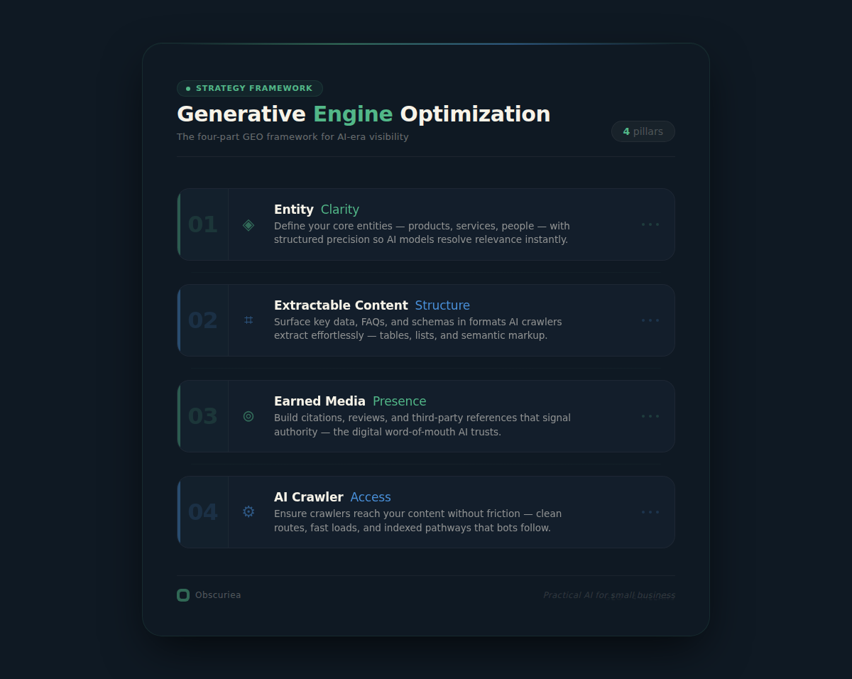 Infographic summarizing GEO strategy framework: entity clarity, extractable content, earned media, and AI crawler access