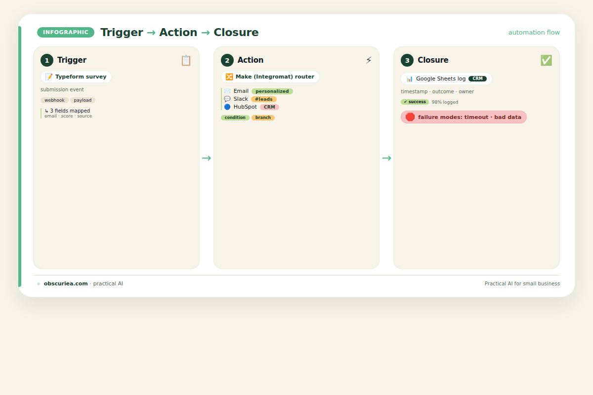 Infographic summary: Trigger (Typeform) arrow to Action (Make routing to email, Slack, HubSpot) arrow to Closure (Google Sheets log) with failure modes stop sign