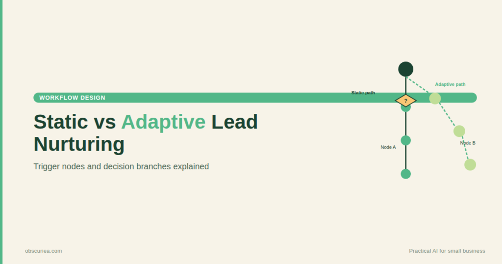Lead nurturing workflow diagram showing static vs adaptive paths with trigger nodes and decision branches