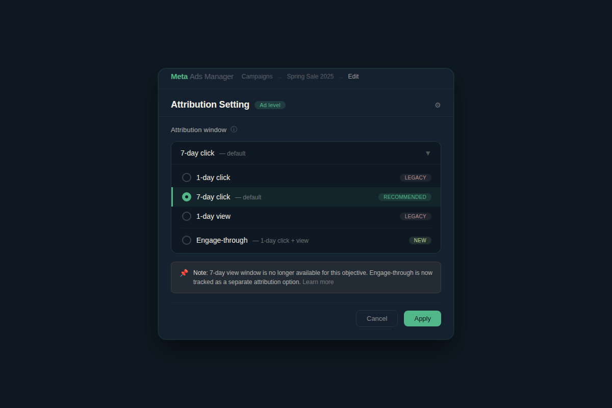Meta Ads Manager attribution window settings panel showing available click and view window options for campaign goal configuration
