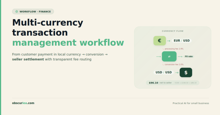 Multi-currency transaction management workflow diagram showing customer payment in local currency converting to seller's base currency through payment processor, with fee arrows.