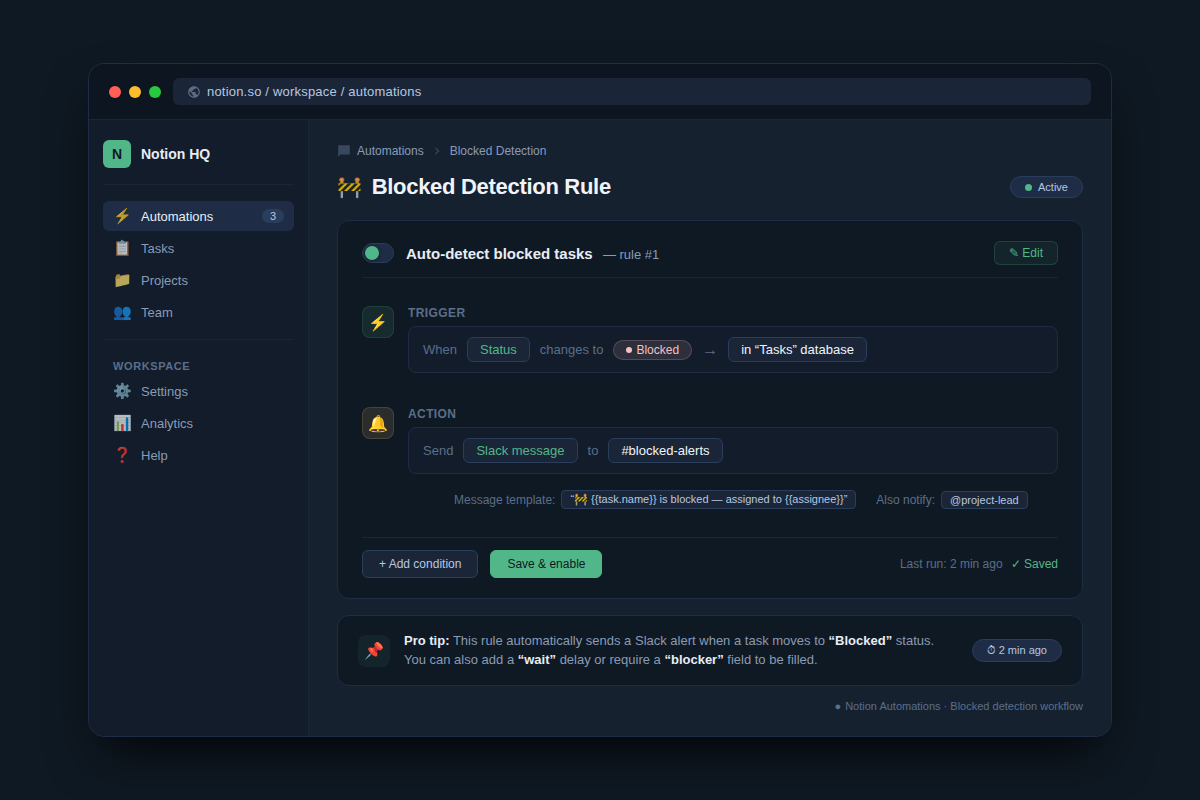 Notion Automations panel showing a workflow rule configured to send a Slack message when task status changes to Blocked