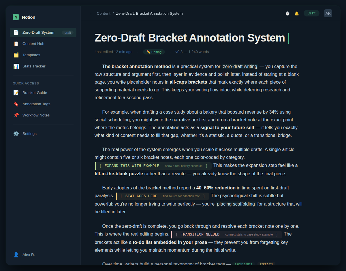 Notion document showing zero-draft bracket annotation system with expand stat and transition placeholder notes during content editing