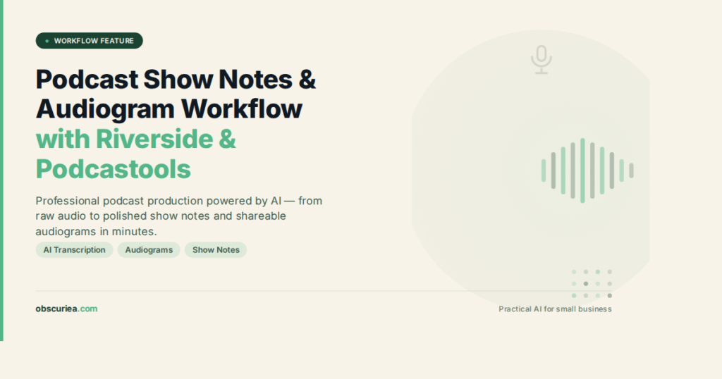 Podcast show notes and audiogram workflow with Riverside and Podcastools tools