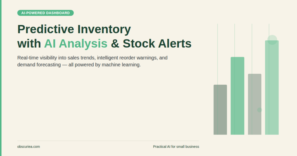 Predictive inventory forecasting dashboard showing AI analysis of sales data with stock alerts