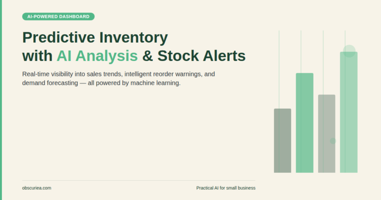 Predictive inventory forecasting dashboard showing AI analysis of sales data with stock alerts