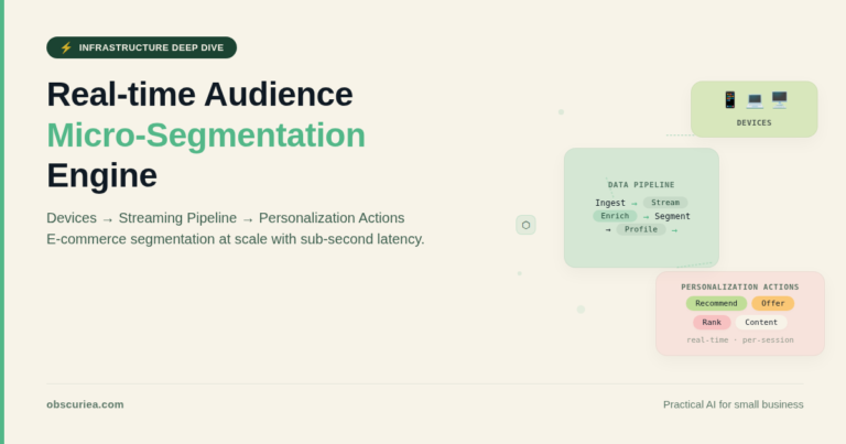 Real-time audience micro-segmentation infrastructure diagram with devices, data pipeline, and personalization actions