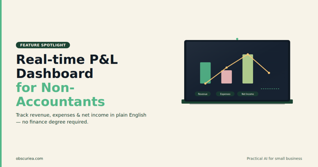Real-time profit and loss dashboard on a laptop with charts showing revenue, expenses, and net income for non-accountants